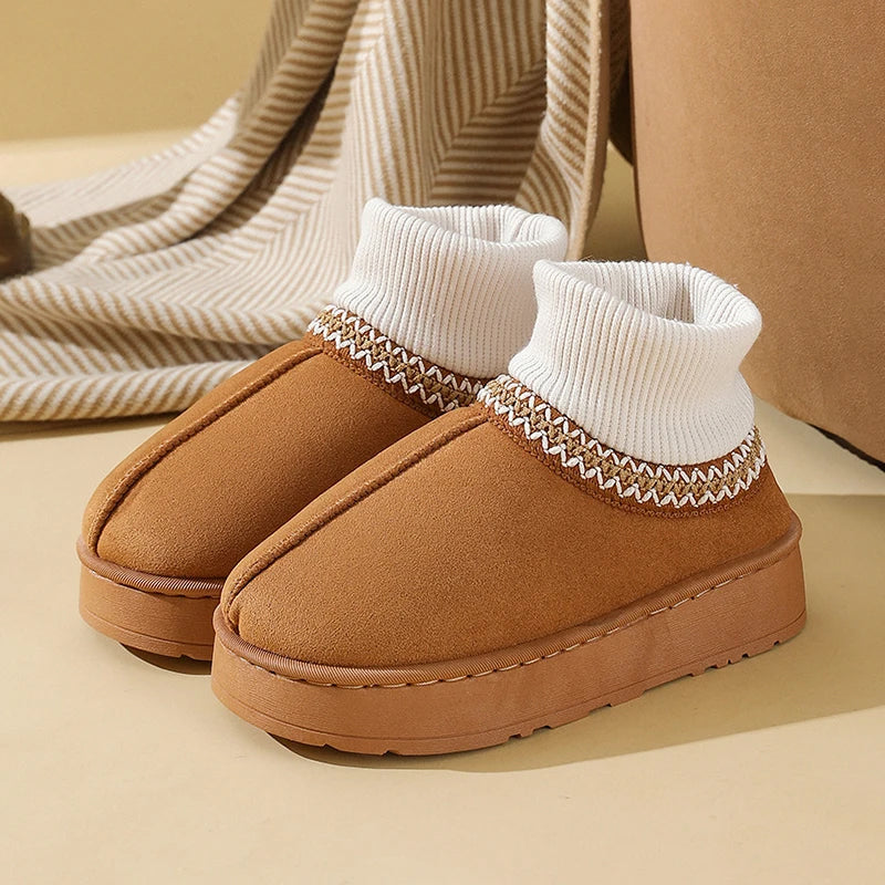 Women's plush ankle slipper boots in soft faux-suede with cozy knit cuff for indoor wear