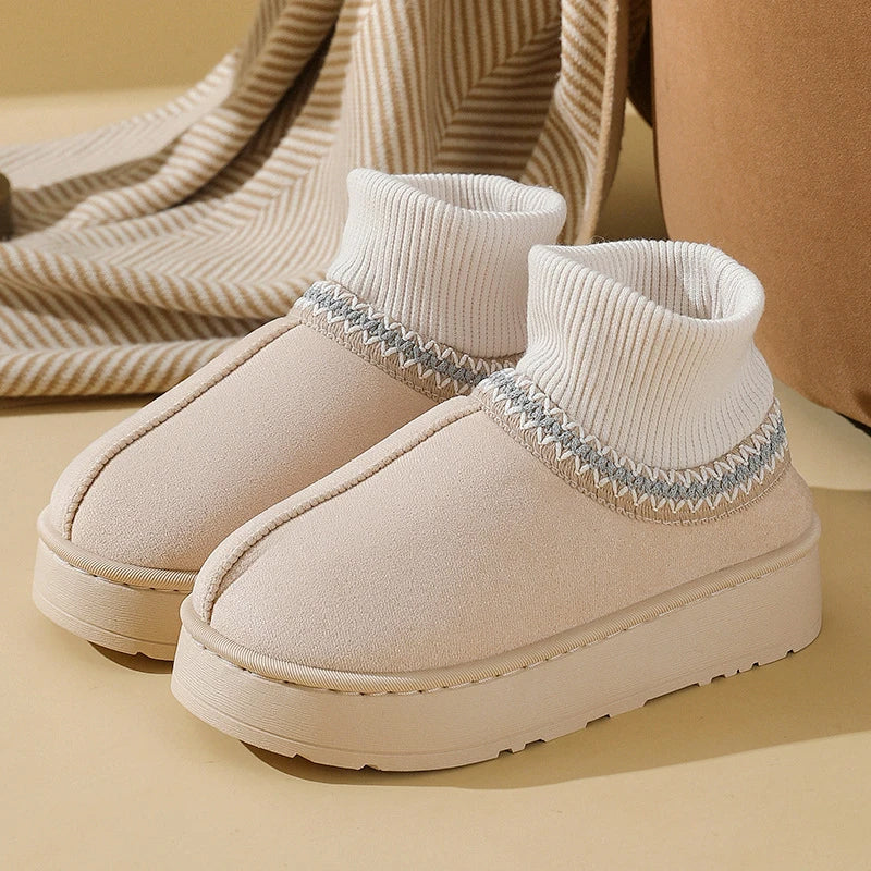 Women's plush ankle slipper boots in soft faux-suede with cozy knit cuff for indoor wear