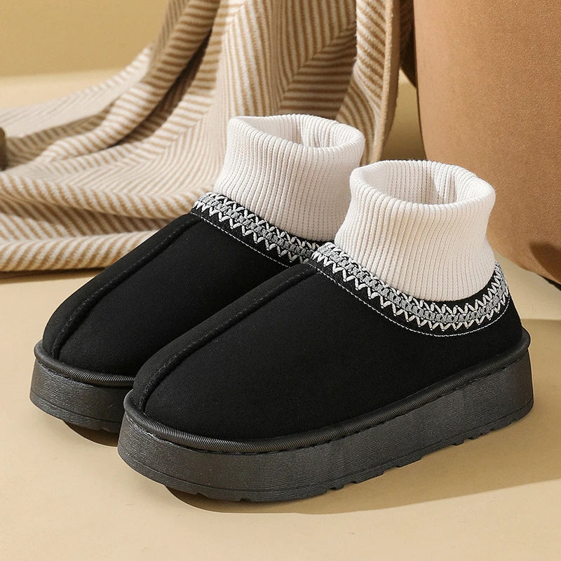 Women's plush ankle slipper boots in faux-suede with cozy knit cuff for indoor comfort