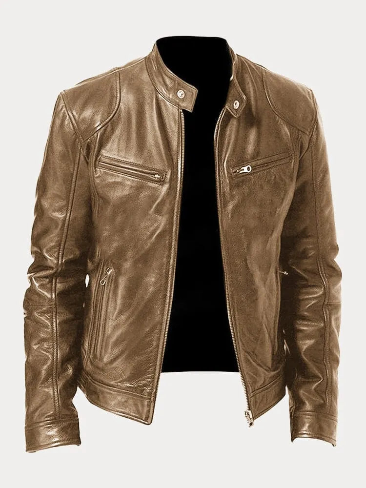 Men's black leather zip-up jacket tailored fit with sleek silhouette for modern casual style