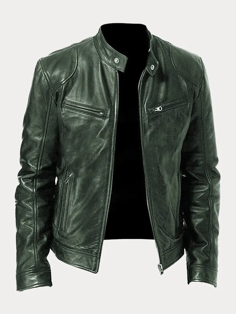 Men's black leather zip-up jacket tailored fit with sleek silhouette and premium finish