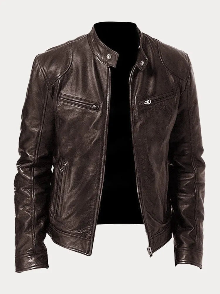 Men's black leather zip-up jacket tailored fit with sleek silhouette for modern everyday style