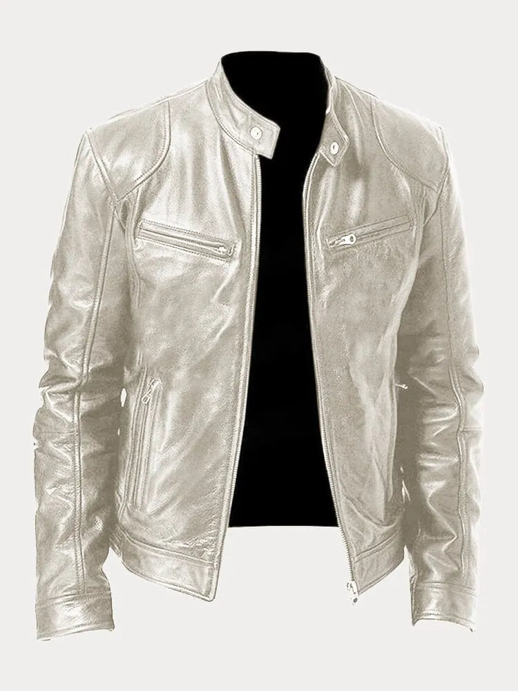 Men's black leather zip-up jacket tailored fit with sleek silhouette for modern everyday style