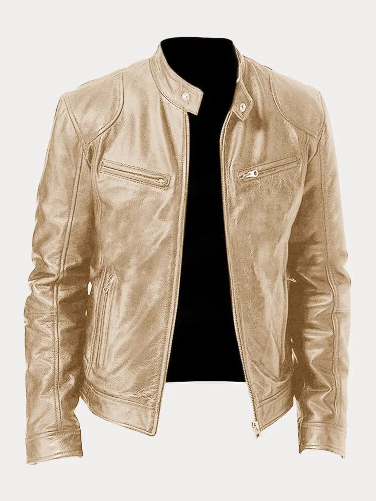 Men's black leather zip-up jacket tailored fit with sleek silhouette for modern everyday style
