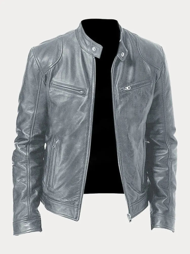 Men's black leather zip-up jacket tailored fit with sleek silhouette for modern everyday style