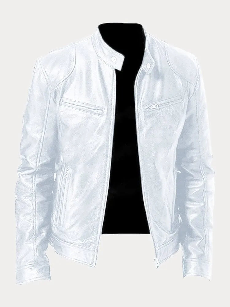 Men's black leather zip-up jacket tailored fit with streamlined silhouette for modern style