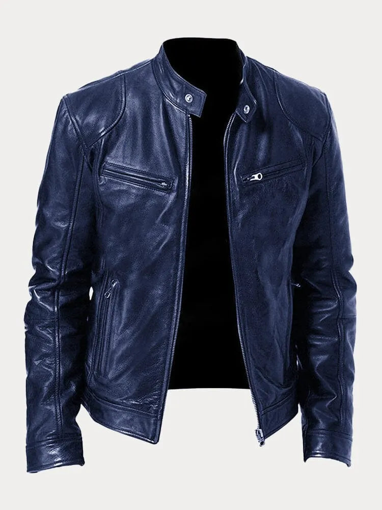 Men's black leather zip-up jacket tailored fit with sleek silhouette and premium finish