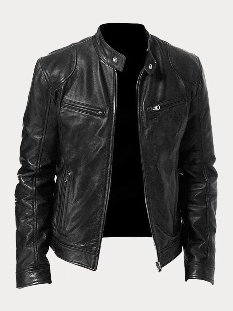 Men's black leather zip-up jacket tailored fit with sleek silhouette for modern everyday style