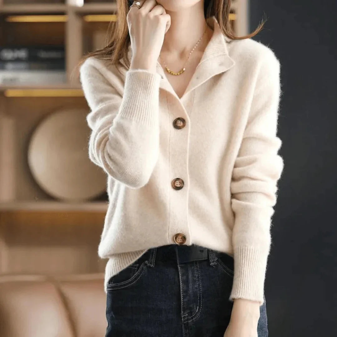 Women's ultra-soft knit button-up cardigan in neutral tones, relaxed fit with ribbed texture