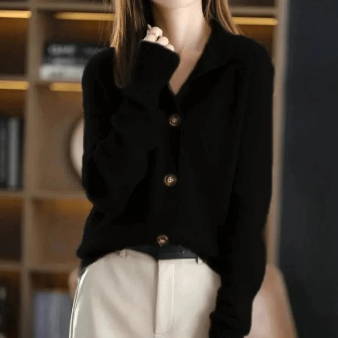 Women's ultra-soft knit button-up cardigan in neutral tone, relaxed fit with polished finish