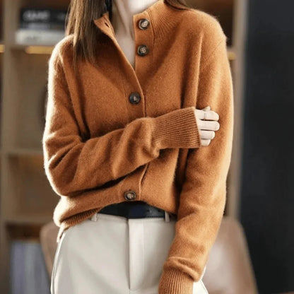 Women's ultra-soft knit button-up cardigan in neutral tones, relaxed layering style with pill-resistant fabric
