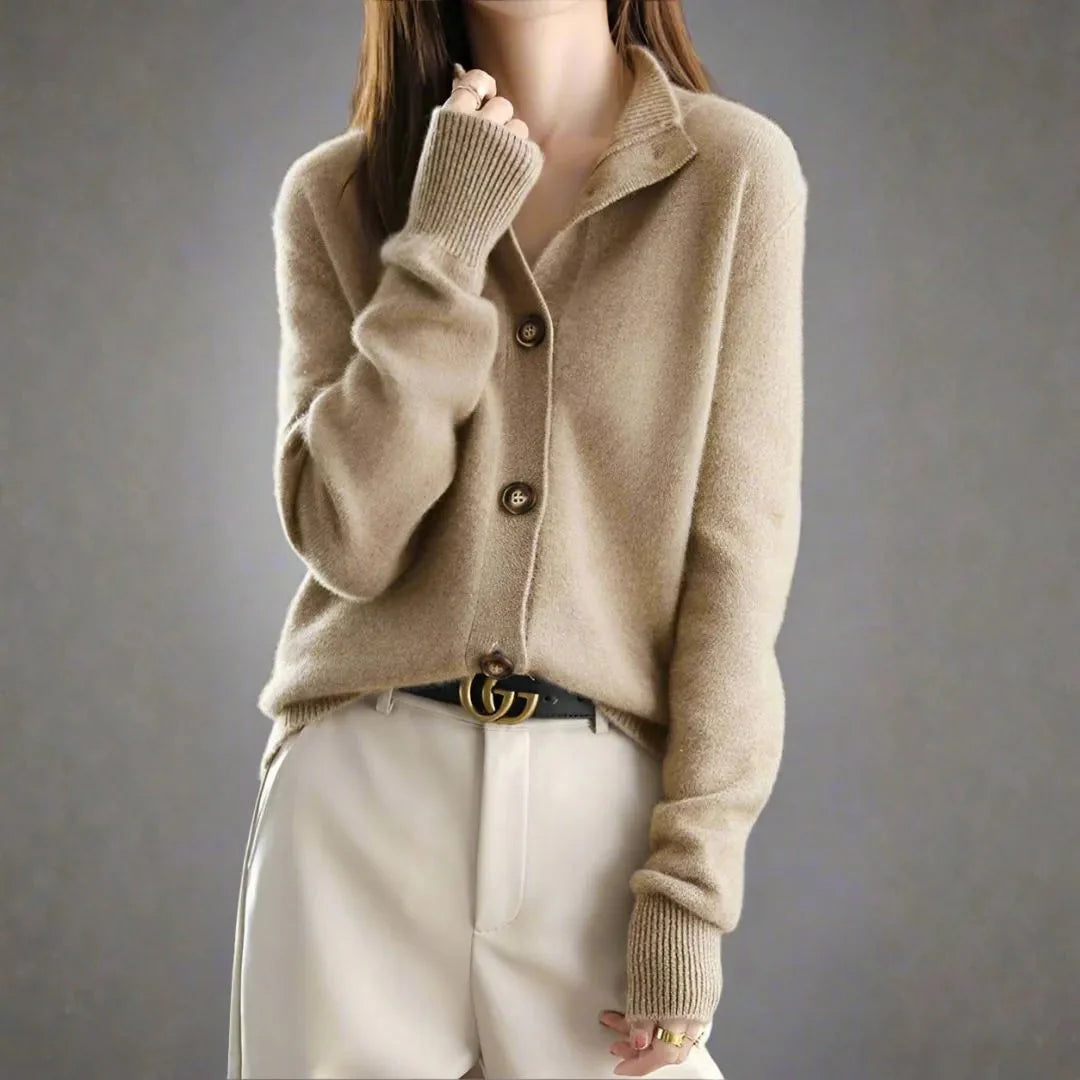 Women's cashmere-blend cardigan plush knit oversized bold buttons half-high neckline everyday luxury