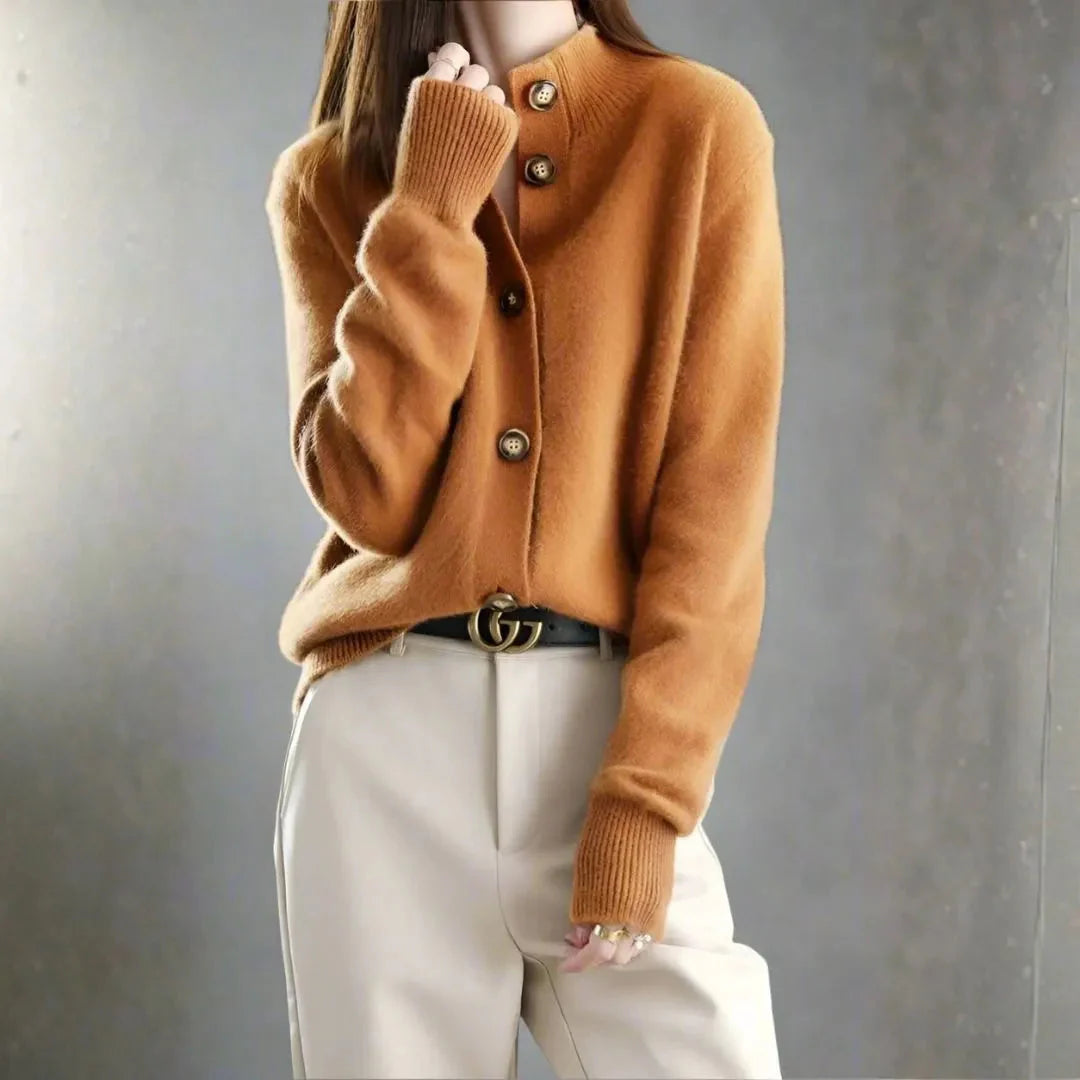 Women's cashmere-blend cardigan plush knit half-high neckline bold oversized buttons everyday luxury