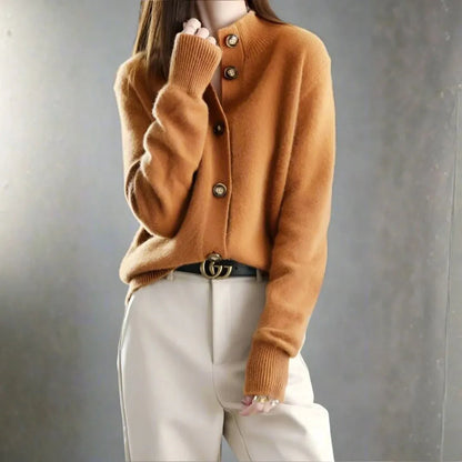 Women's cashmere-blend cardigan plush knit half-high neckline bold oversized buttons everyday luxury