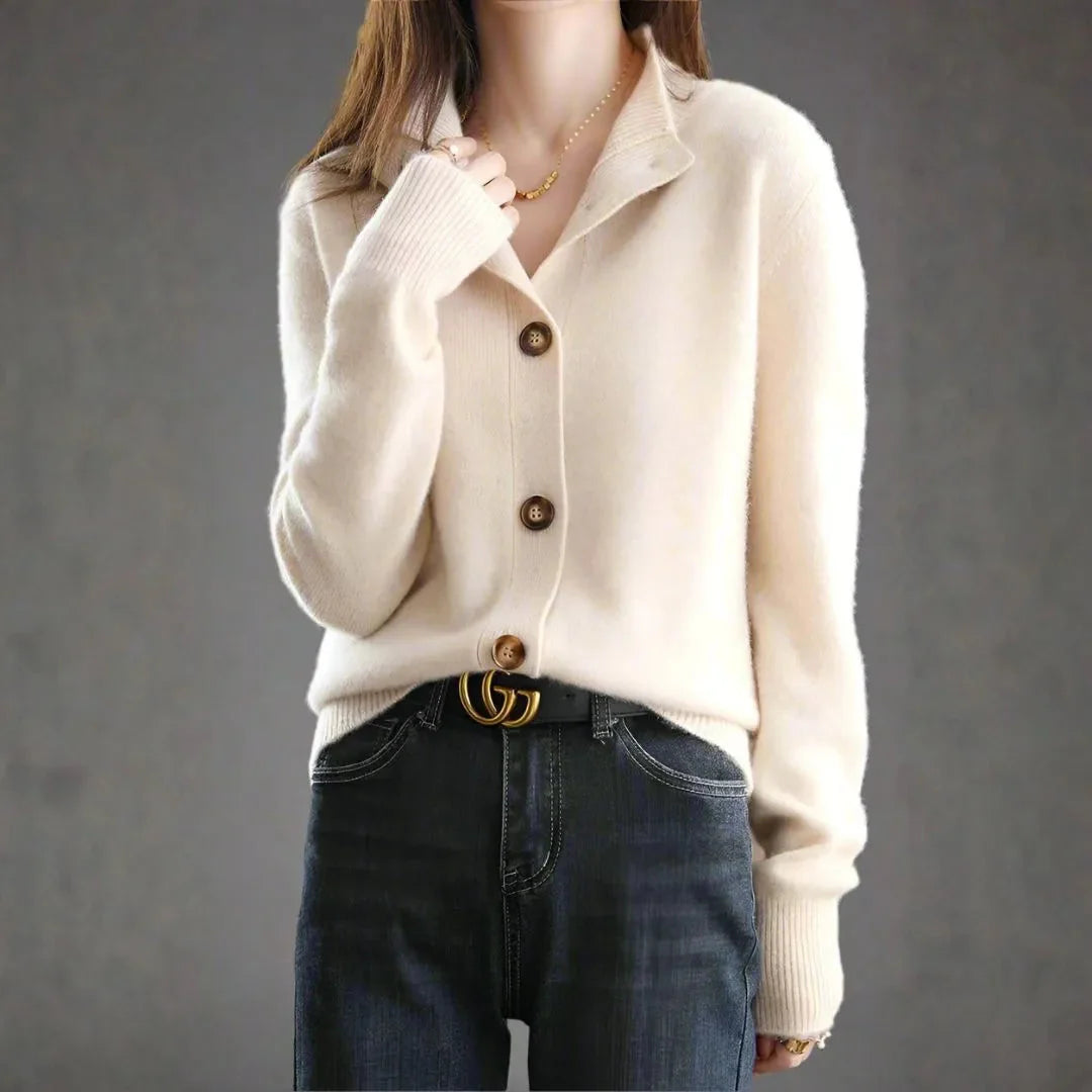 Women's cashmere-blend cardigan, soft plush knit, classic silhouette with oversized bold button detail