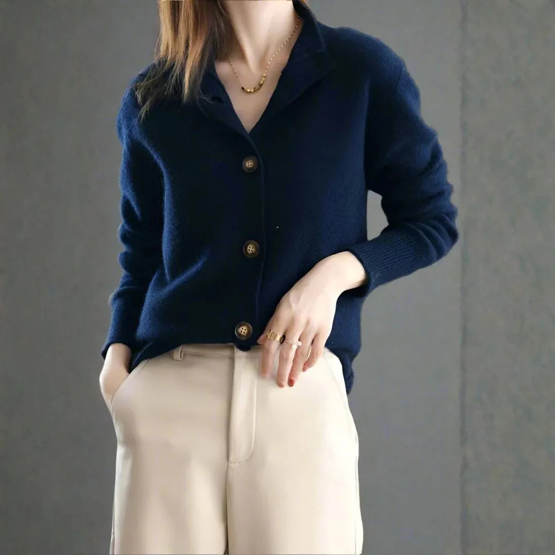 Women's cashmere-blend cardigan with bold oversized buttons, plush knit, half-high neckline everyday luxury