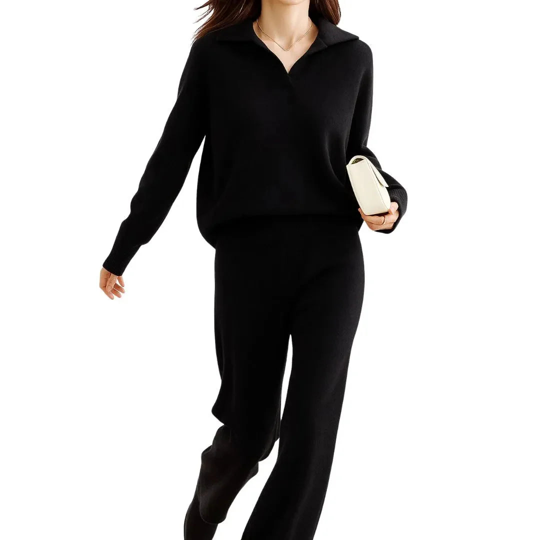Women's cashmere blend lounge set polo collar knit top high-waisted harem pants cozy two-piece