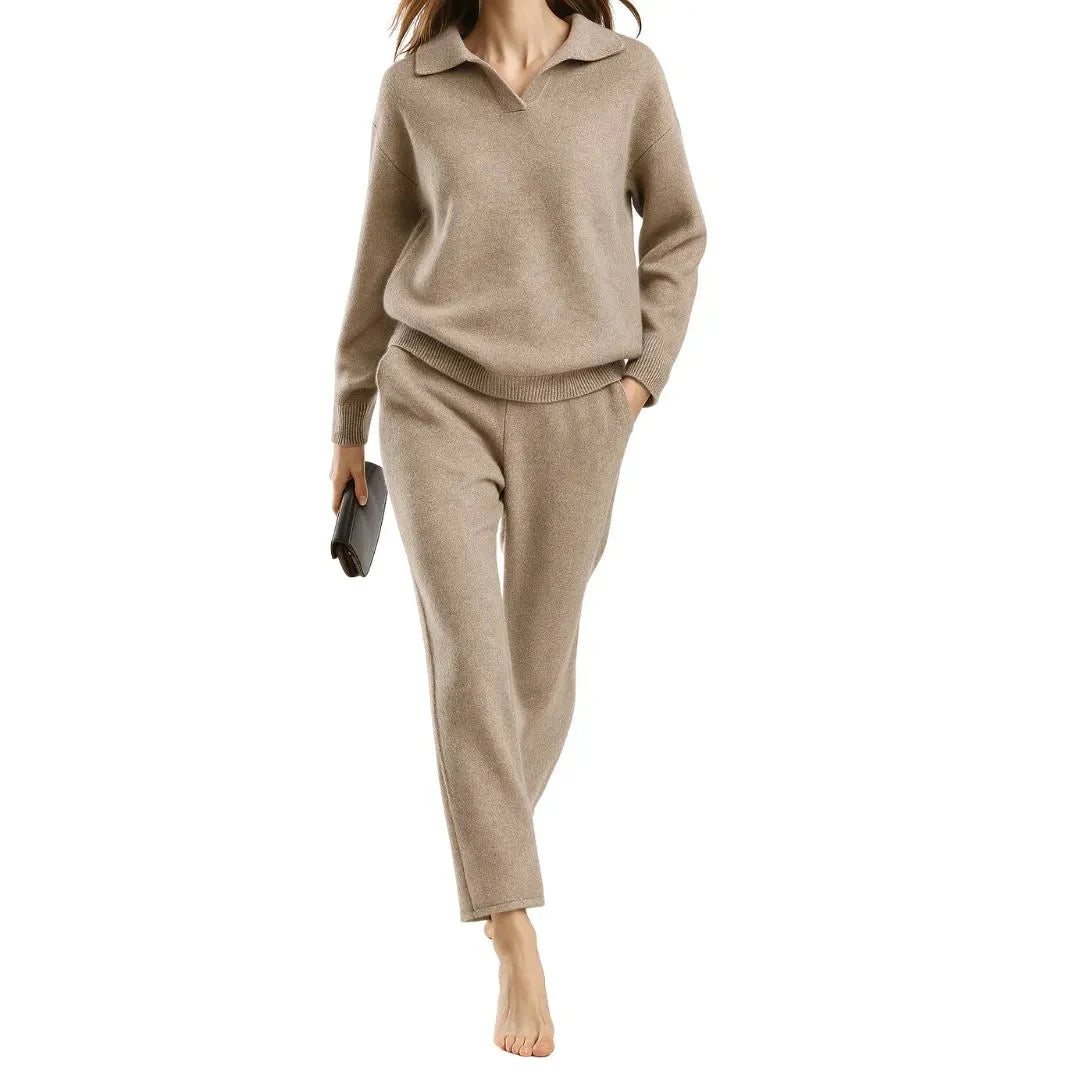 Women's cashmere blend lounge set polo collar knit top high-waisted harem pants cozy two-piece