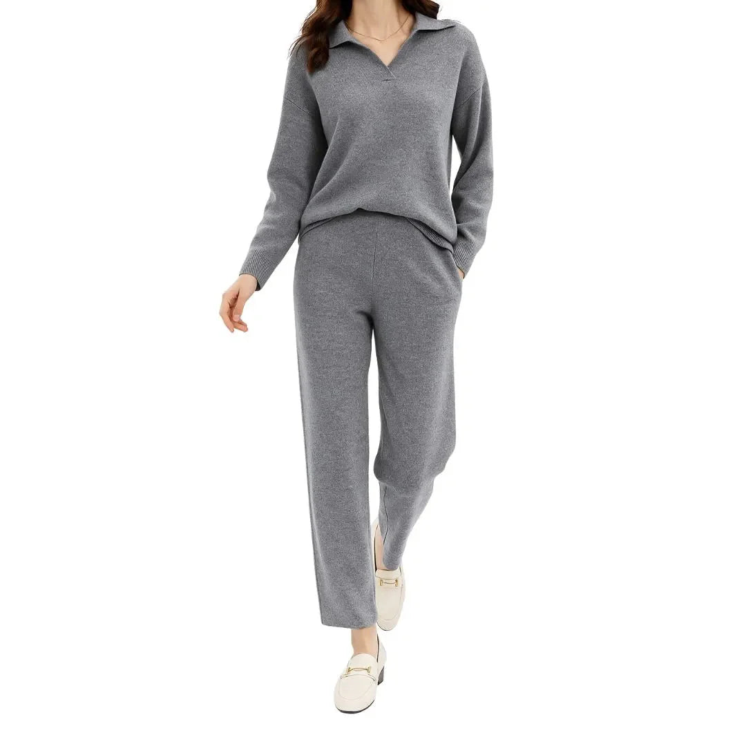 Women's cashmere blend lounge set polo collar knit top high waisted harem pants cozy two-piece