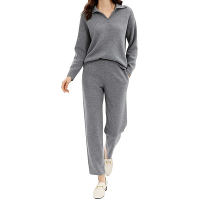 Women's cashmere blend lounge set polo collar knit top high waisted harem pants cozy two-piece