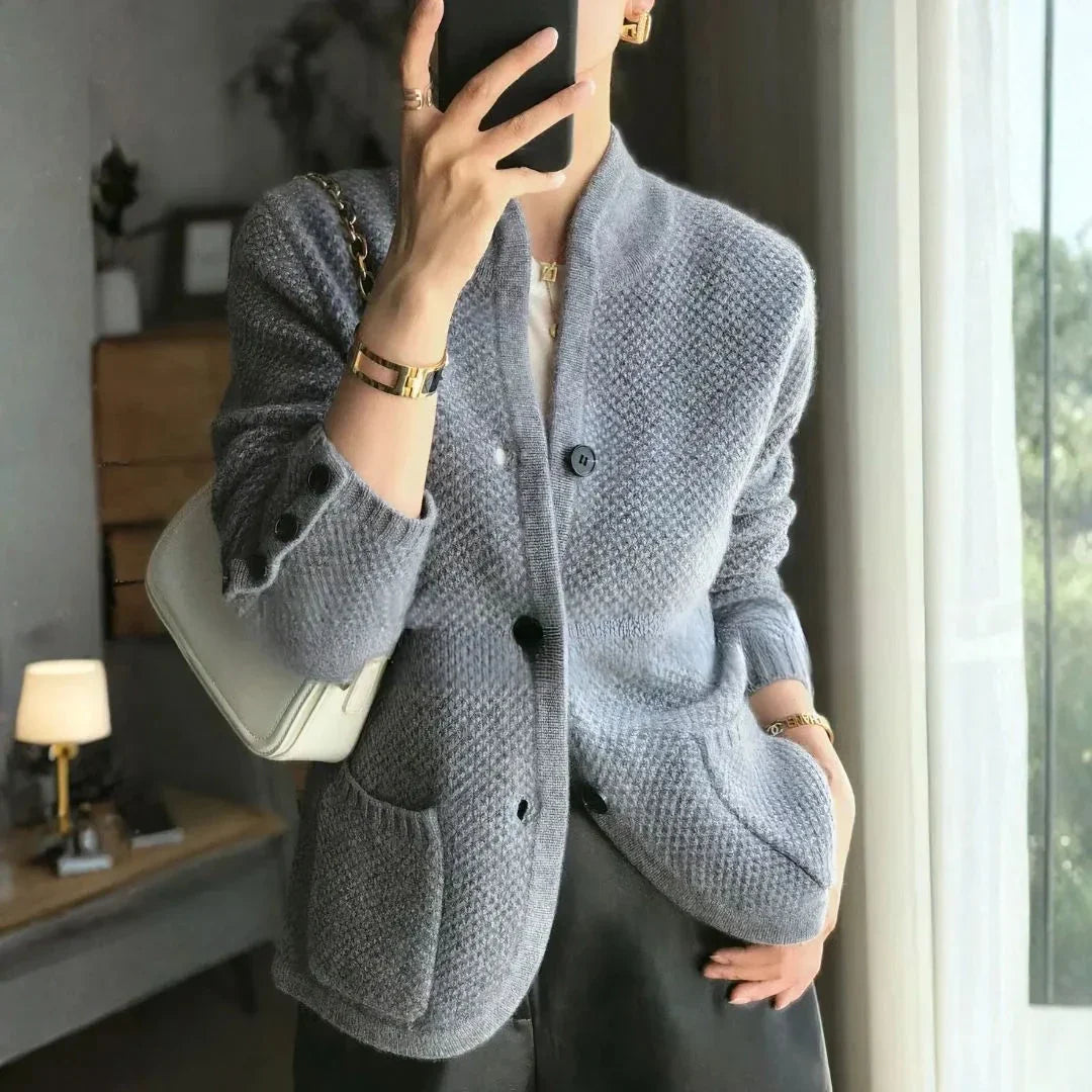 Women's 100% cashmere textured knit button cardigan with front pockets, refined elegant style