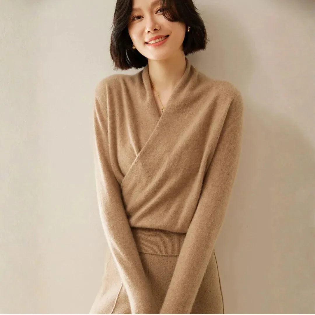 Women's cashmere crossover collar sweater elegant standard fit lightweight breathable warmth