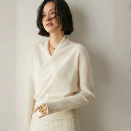 Women's cashmere crossover collar sweater elegant slim fit breathable lightweight knit