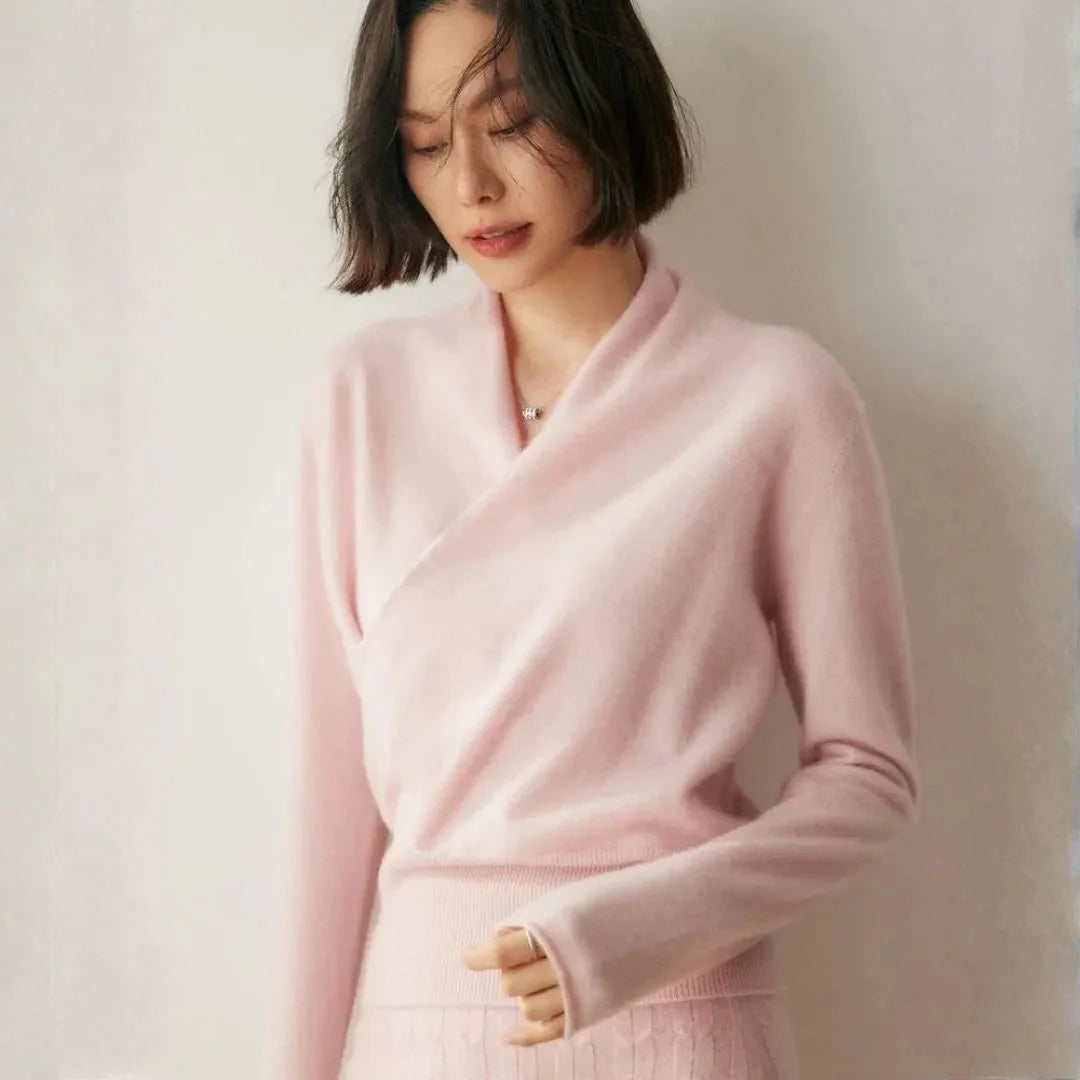 Women's cashmere crossover collar sweater elegant standard fit lightweight breathable warmth