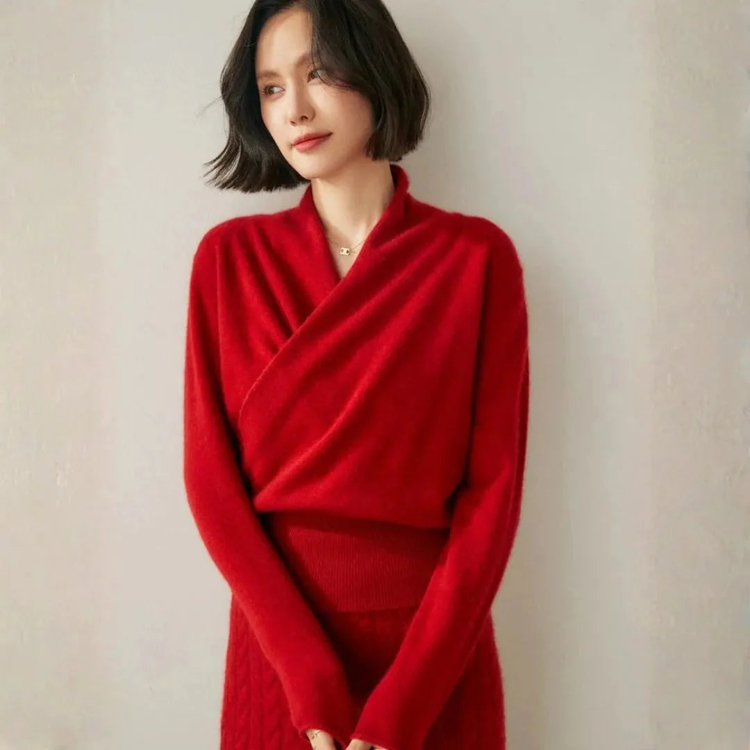 Women's cashmere crossover collar sweater elegant slim fit breathable lightweight knit
