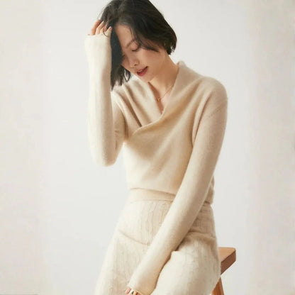 Women's cashmere crossover collar sweater elegant standard fit lightweight breathable warmth
