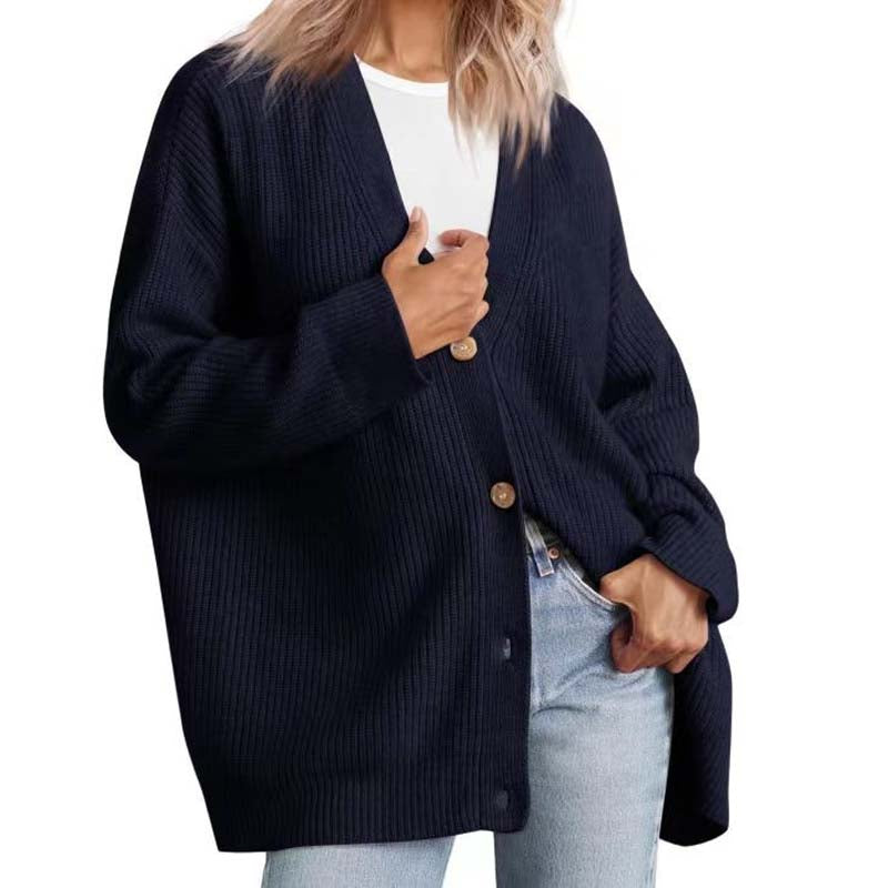 Women's oversized ribbed knit cardigan with button front closure, relaxed draped silhouette for casual layering