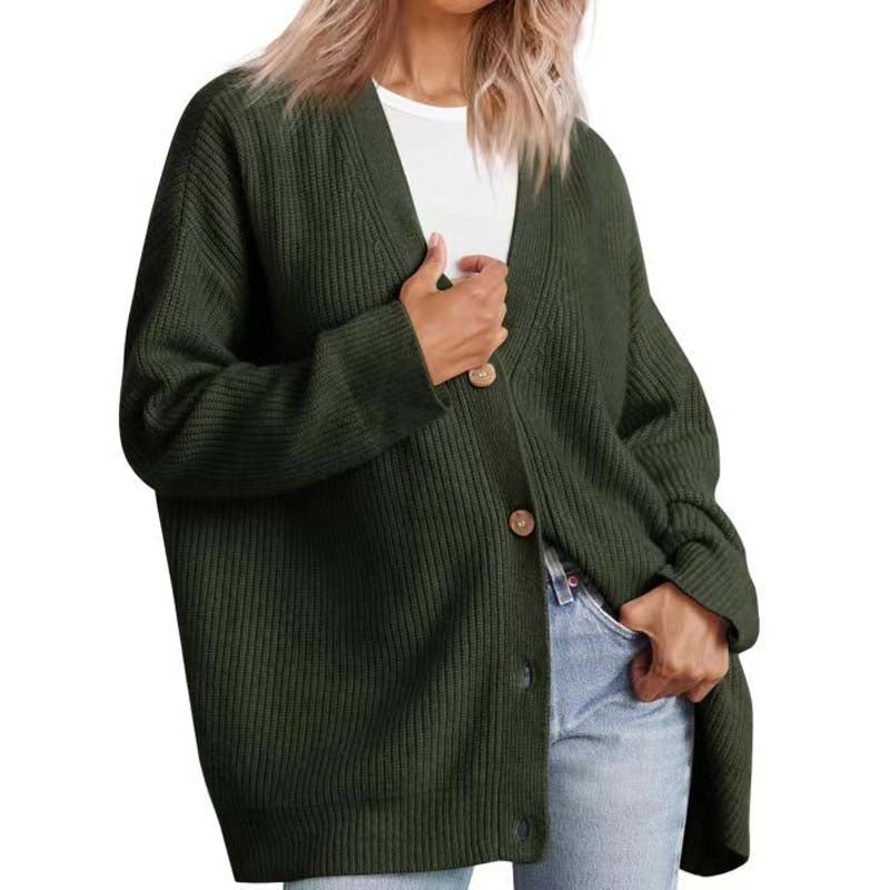 Women's oversized knit cardigan with button front closure, relaxed draped silhouette in ribbed texture