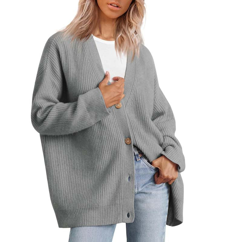 Women's oversized ribbed knit cardigan with button front closure, relaxed draped silhouette for layering