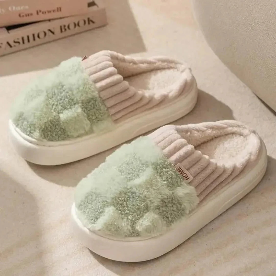 Women's plush slip-on slippers in checkered pattern with cozy rib-knit collar and non-slip sole