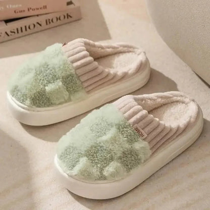 Women's plush slip-on slippers in checkered pattern with cozy rib-knit collar and non-slip sole
