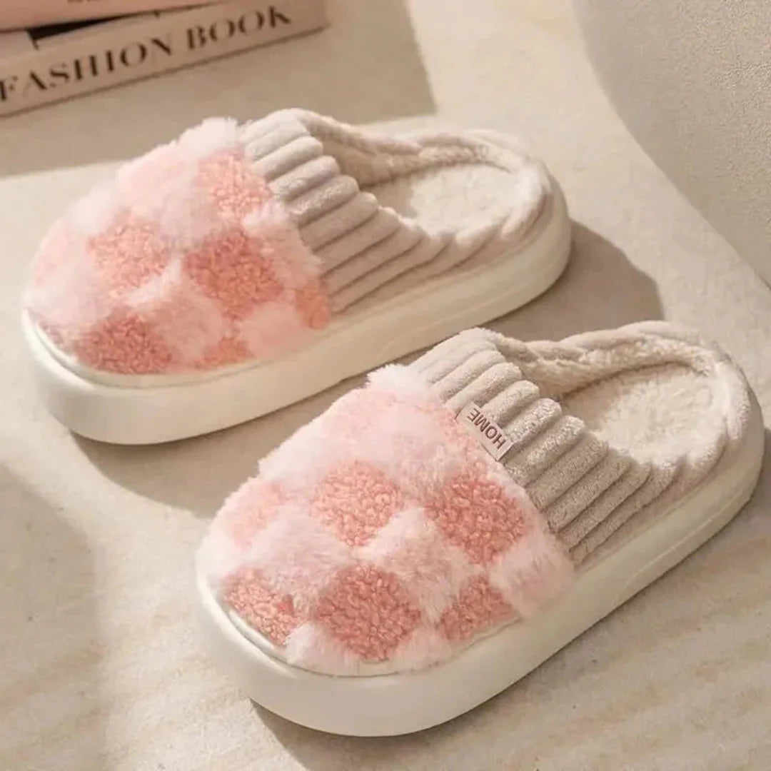 Women's plush checkered slip-on slippers with rib-knit collar and non-slip sole for cozy lounging