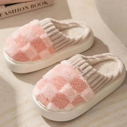 Women's plush checkered slip-on slippers with rib-knit collar and non-slip sole for cozy lounging