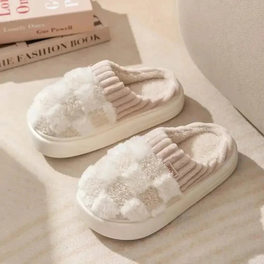 Women's plush check slip-on slippers with rib-knit collar and non-slip sole for cozy lounging