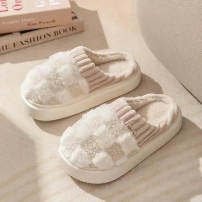Women's plush check slip-on slippers with rib-knit collar and non-slip sole for cozy lounging