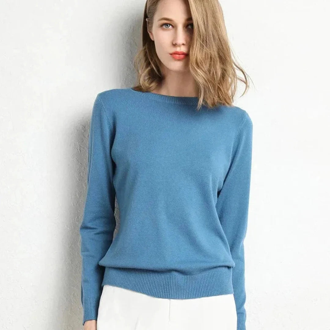 Women's ivory cashmere crew neck sweater with ribbed cuffs, ultra-soft flattering fit for work