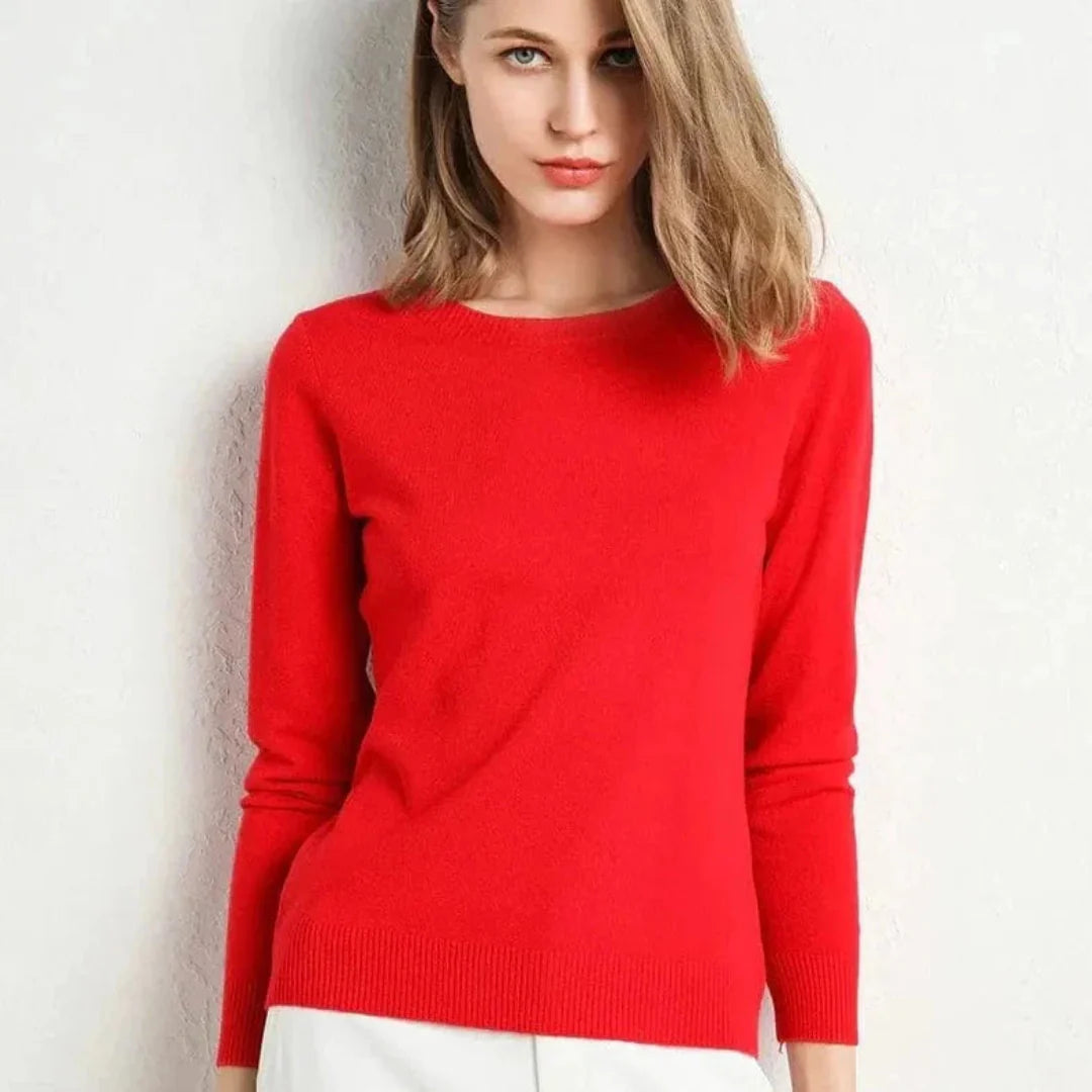 Women's ivory cashmere crew neck sweater with ribbed cuffs, ultra-soft flattering fit for work
