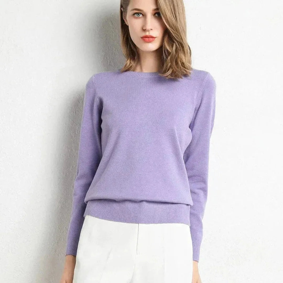 Women's ivory cashmere crew neck sweater with ribbed cuffs, ultra-soft flattering fit for work