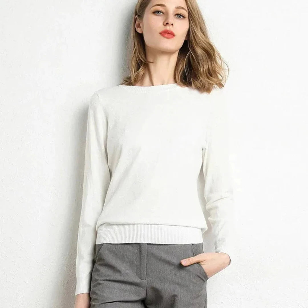 Women's ivory cashmere crew neck sweater with ribbed cuffs and hem, ultra-soft flattering fit