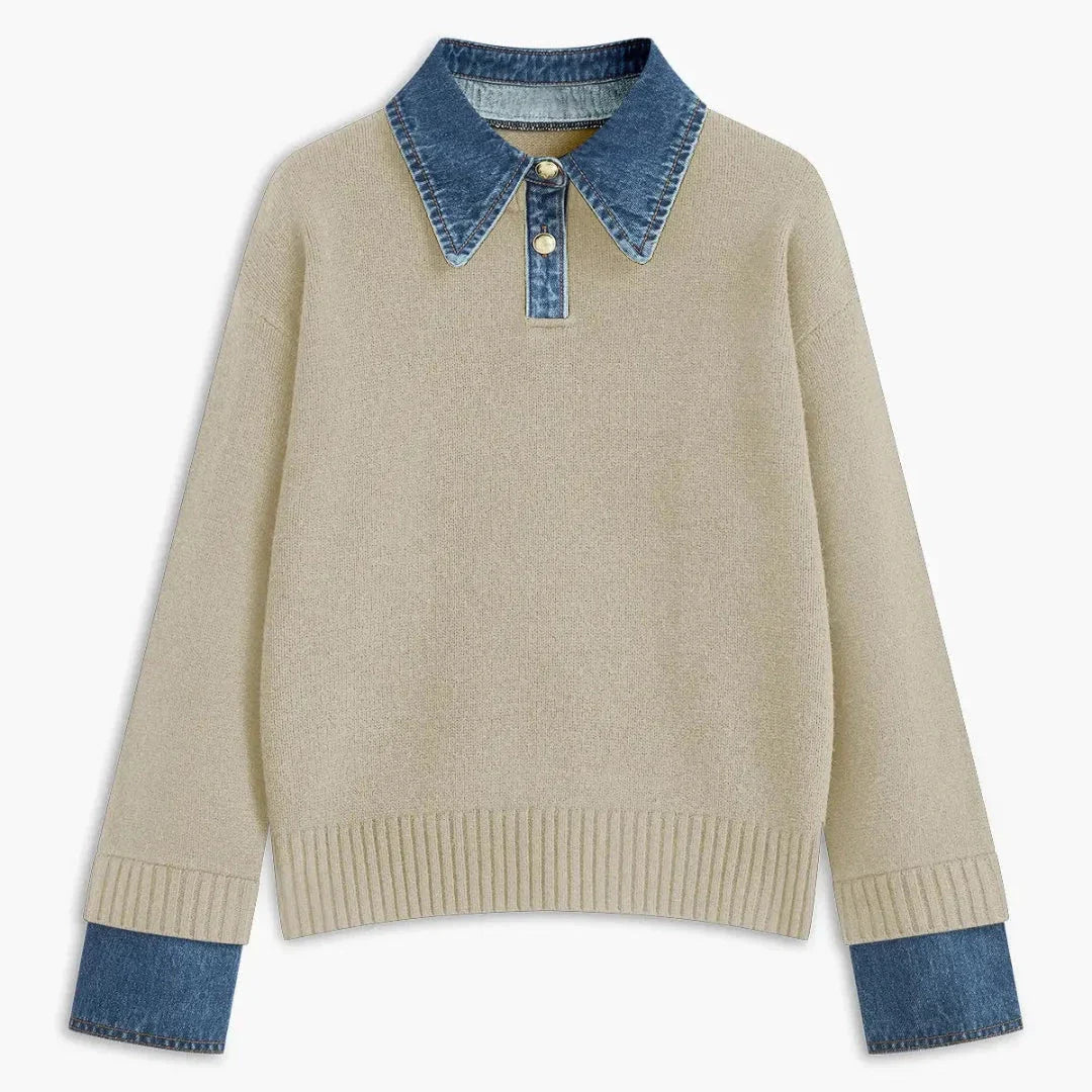 Women's cream ribbed knit sweater with denim collar and cuffs, chic layered look, button-front placket