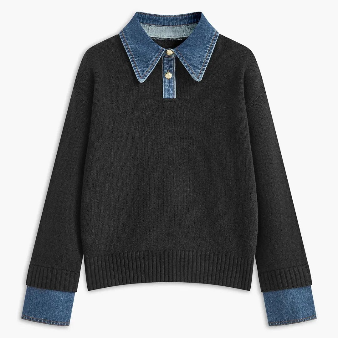 Women's blue denim collar knit sweater with contrast cuffs and button-front placket for chic layered look