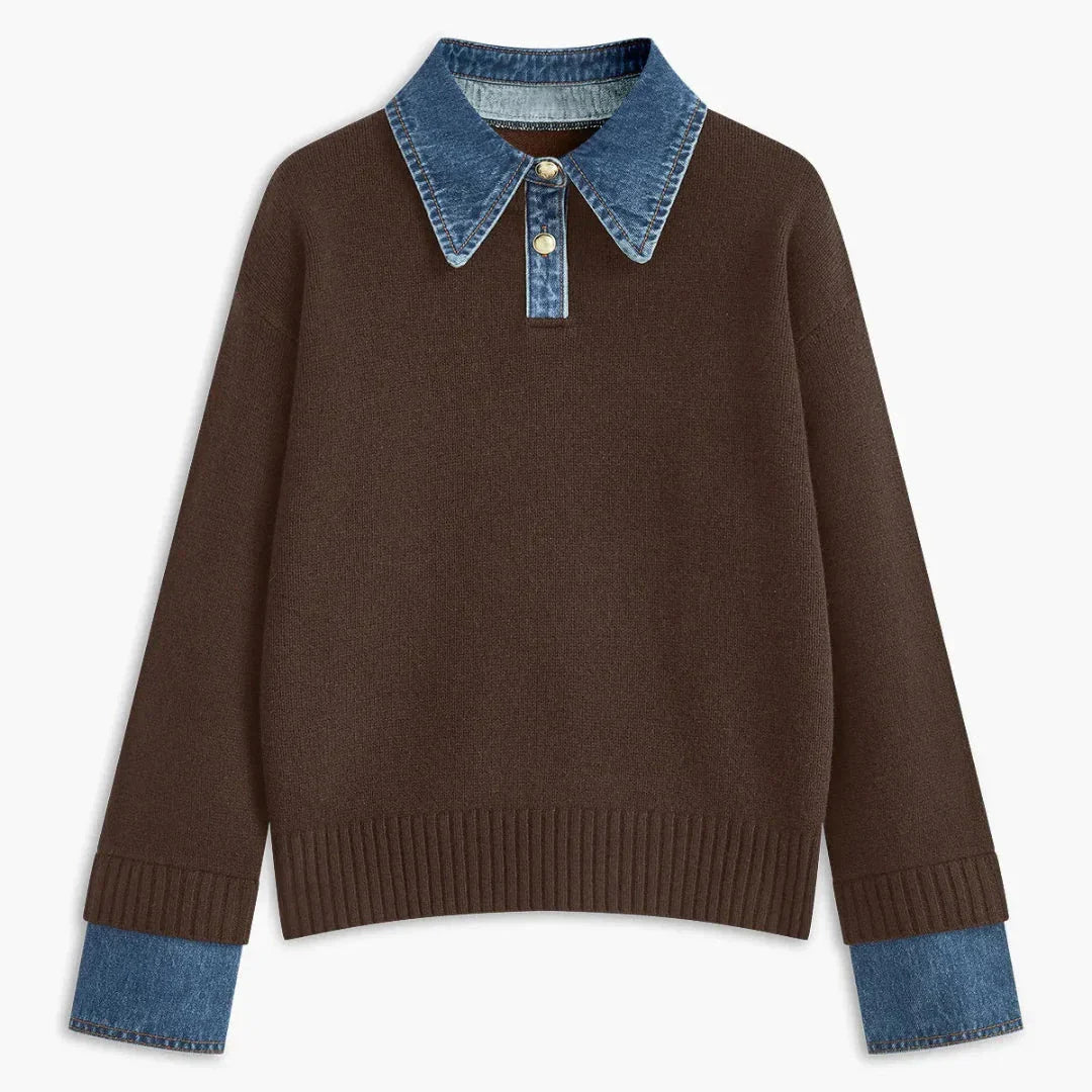Women's cream knit sweater with denim collar and cuffs, chic layered look, button-front placket