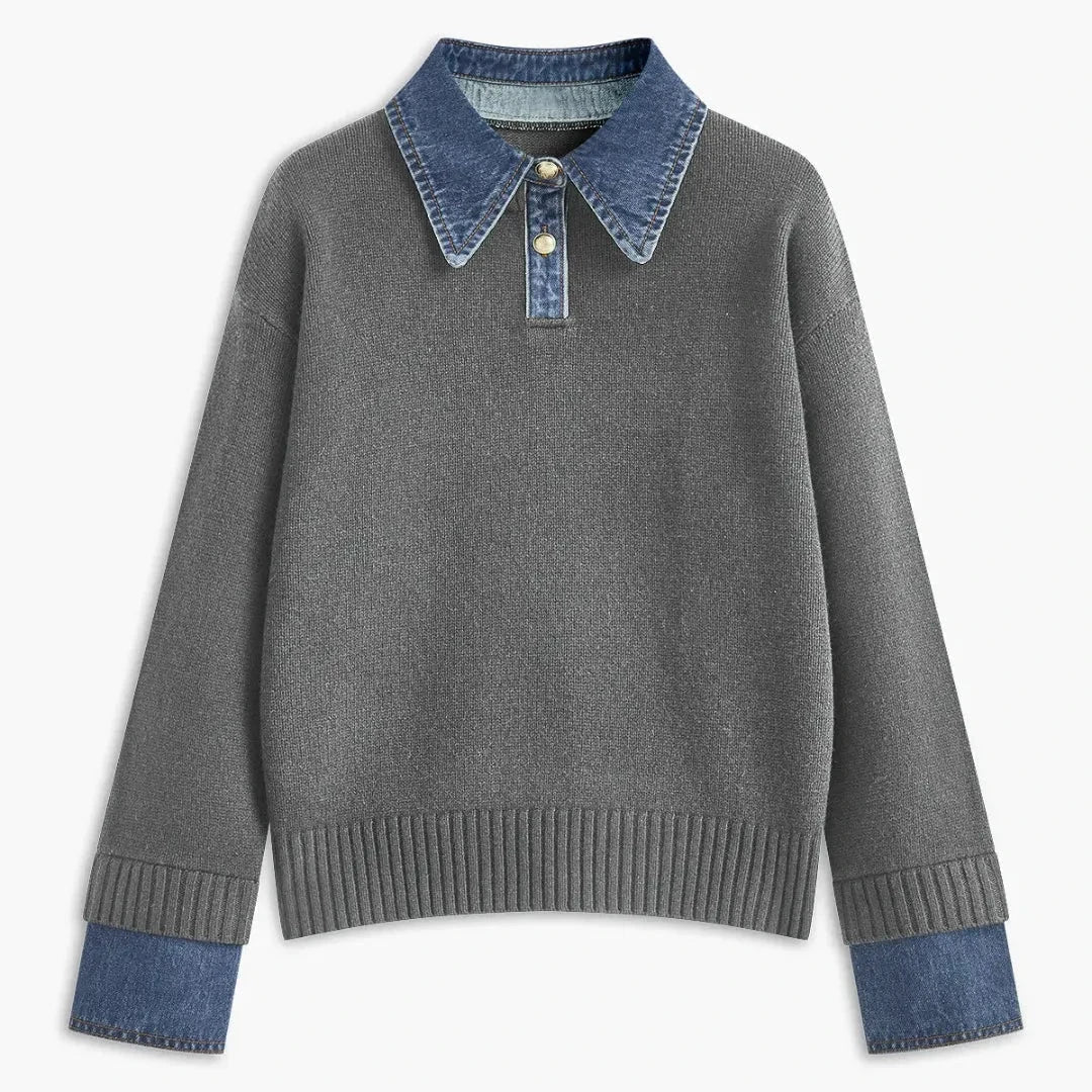 Women's cream ribbed knit sweater with denim collar and cuffs, button-front placket, chic layered look