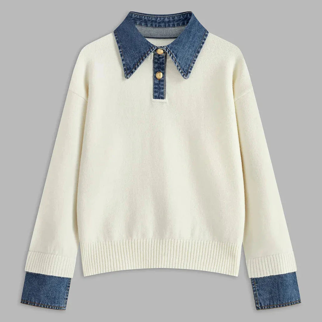 Women's cream ribbed knit sweater with denim collar and cuffs, button-front placket, chic layered look