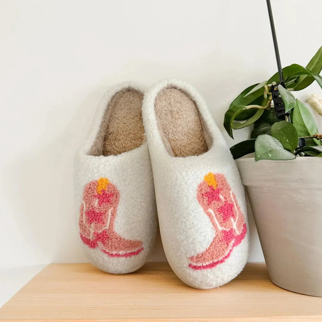 Women's brown embroidered cowgirl boot slippers with ultra-soft sherpa exterior for cozy western style
