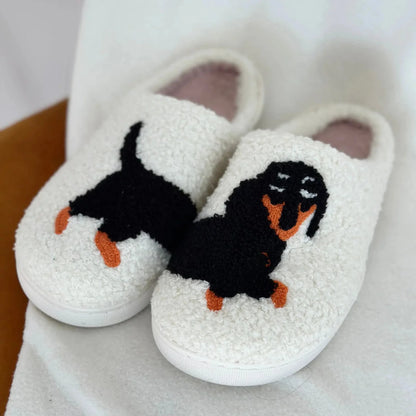 Women's plush slippers with playful dachshund embroidery, soft fluffy exterior for cozy home comfort